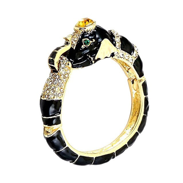 Majestic Black Enamel Elephant Crystal Bangle Cuff Bracelet