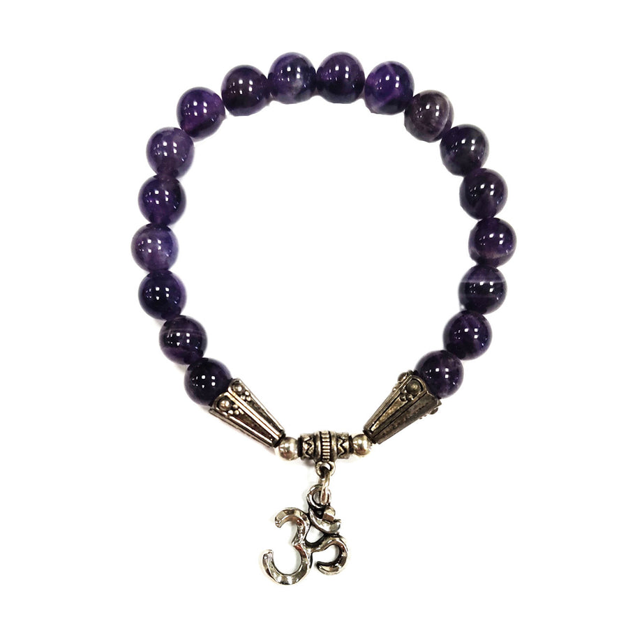 Handcrafted Genuine Purple Amethyst Beads 'Om' Stretchy Bracelet