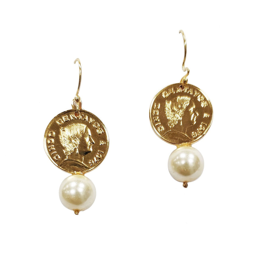 Lustrous 22K Gold Coin Pearly Dangle Earrings