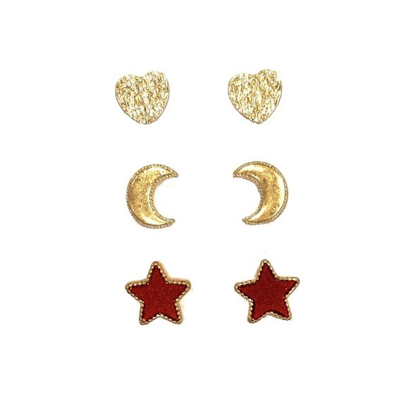 3 In 1 Multi Pack Heart Moon Star Stud Earrings Set