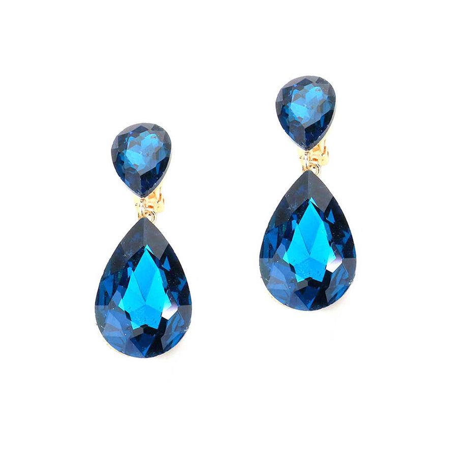 Sparkling Jumbo Blue Double Teardrop Crystal Clip On Statement Earrings