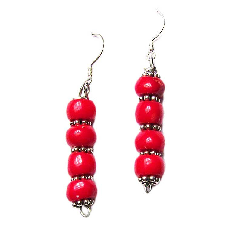 Bold Flame Red Genuine Coral Silver Dangle Earrings