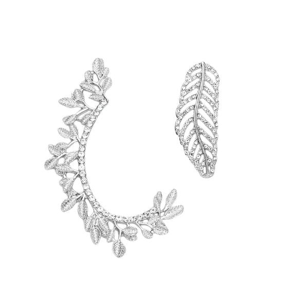 Silver Rhinestone Mismatched Leaf Earrings