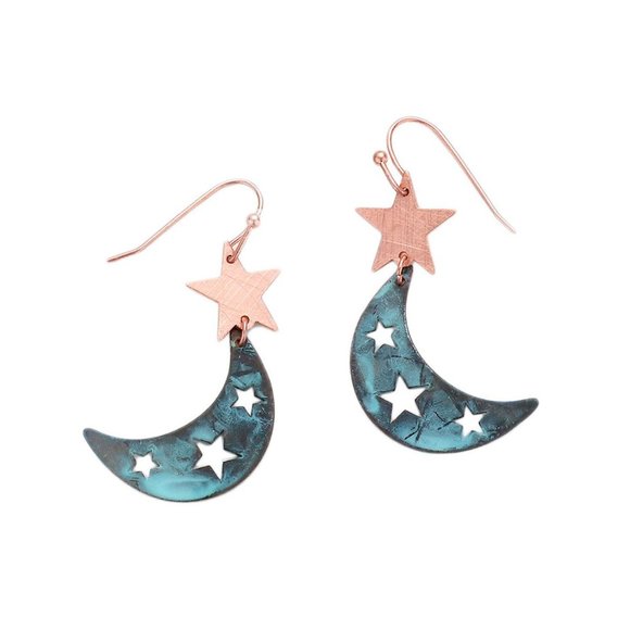 Patina Copper Boho Moon Star Earrings