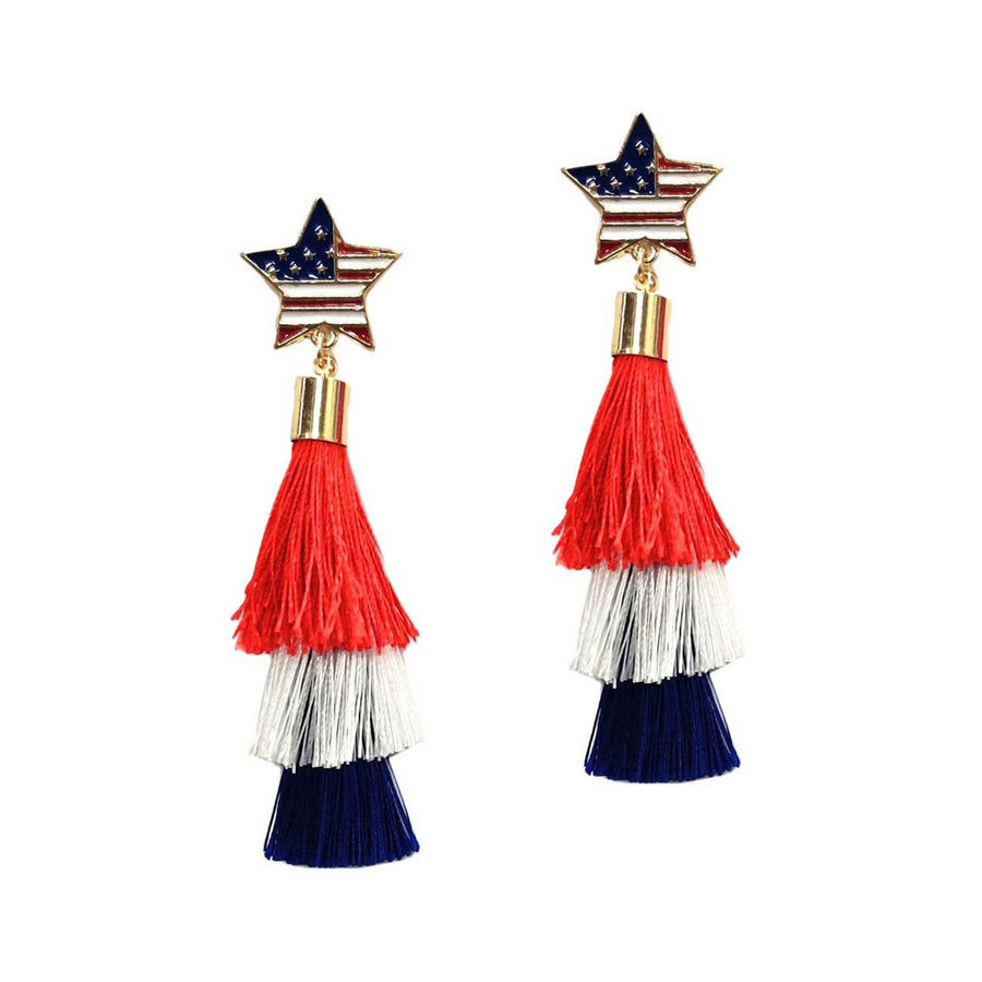 Dazzling 3 Tier Patriotic American Flag Tassel Drop Statement Earrings