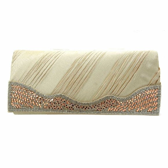 Champagne Wavy Crystal Satin Pleated Evening Clutch