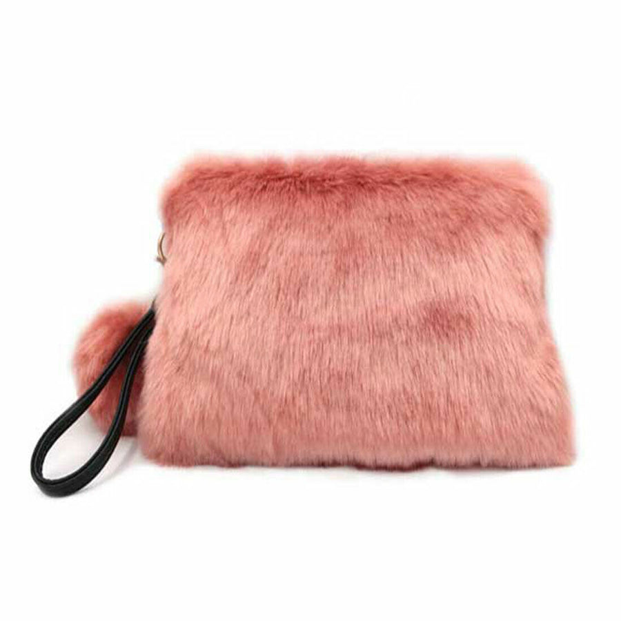 Soft Pink Furry Faux Fur Pom Pom Wristlet Clutch Bag