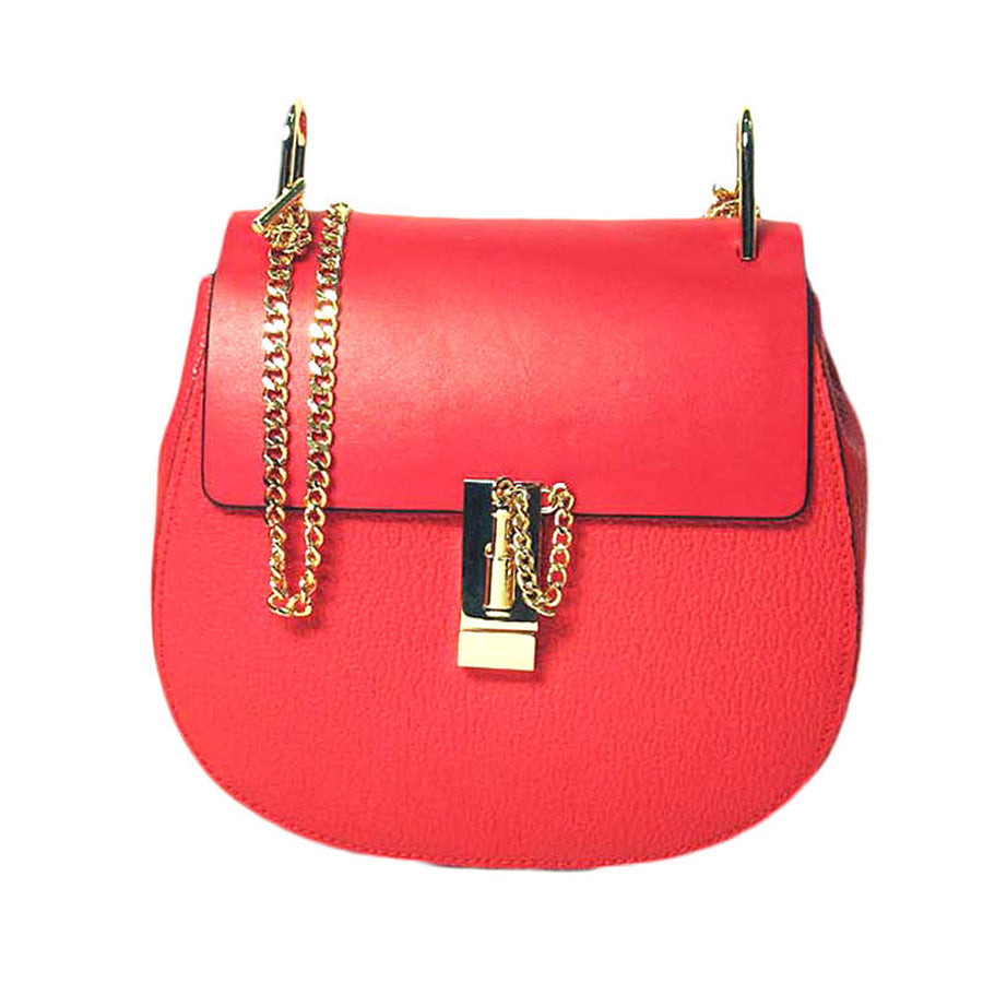 Red Clasp Genuine Leather Chain Crossbody Handbag