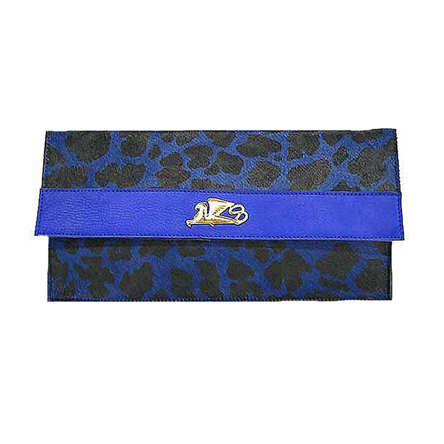 Griffo Handcrafted Black Leopard Print On Blue Calf Hair Clutch