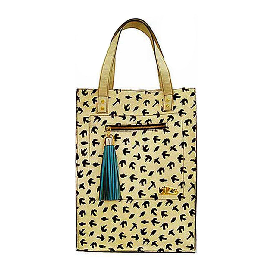 Handcrafted Griffo Black Bird On Beige Calf Hair Leather Tote Bag
