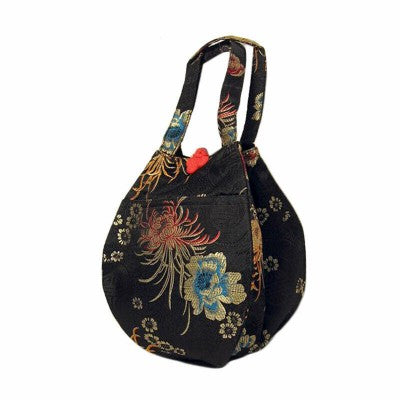 Chic Black Handmade Teardrop Silk Brocade Purse Bag