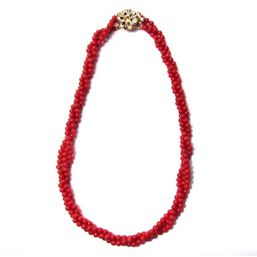 Vibrant Tri Strand Flame Red Genuine Coral Bead Necklace