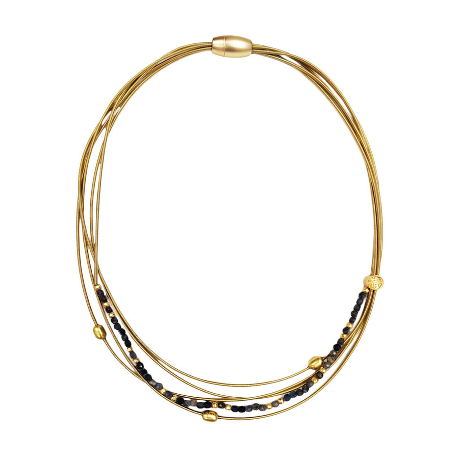 Stunning Handcrafted Multi Strand Gold Piano Wire Genuine Indigo Sapphire Gold Beads Necklace