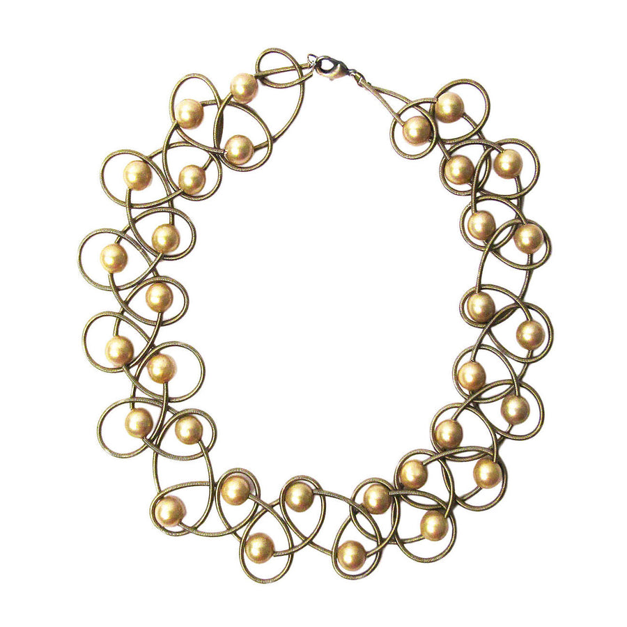 Lustrous Gold Mother Of Pearl Bronze Piano Wire Necklace