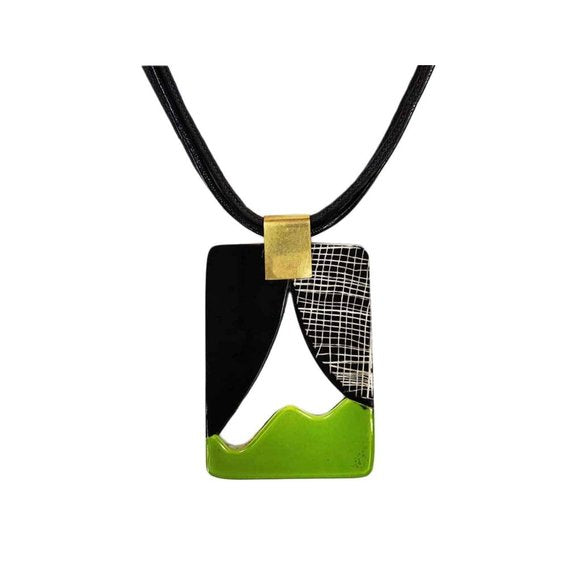 Lime Black Lacquer Pendant Black Cord Necklace