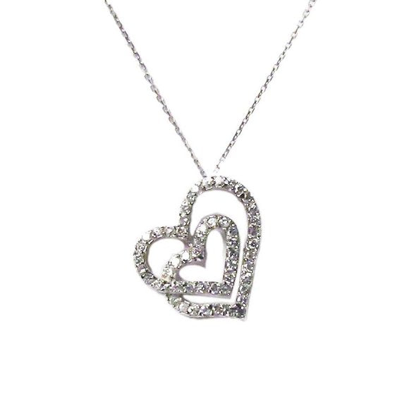 Dazzling Silver Double Rhinestone Heart Pendant Necklace