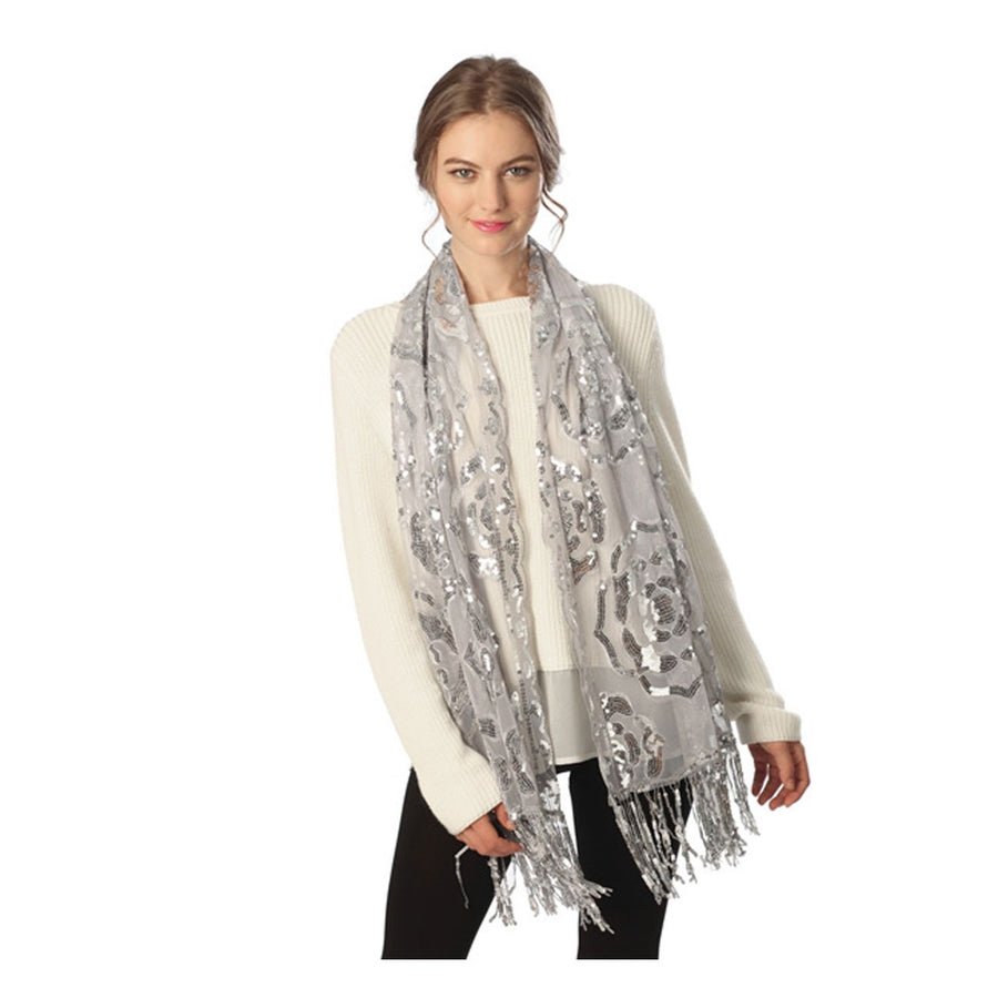 Luxurious White Sequins Embroidery Fringe Scarf