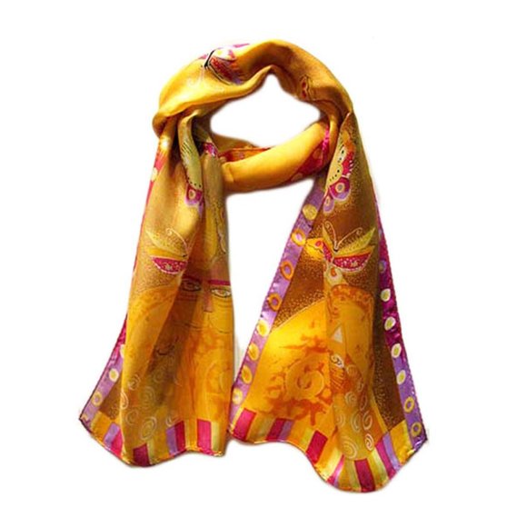 Whimsical Trio Of Calico Cats Marigold Yellow Silk Scarf