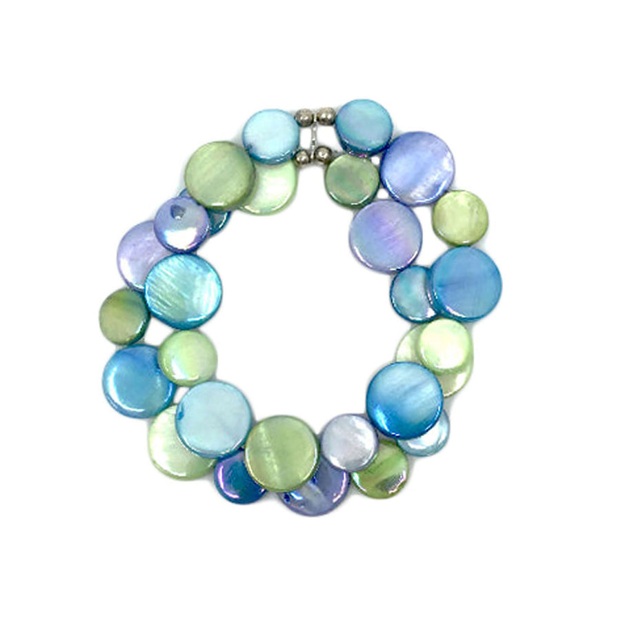 Vibrant Pastel Multi Blue Double Strands Of Mother Of Pearl Coin Disc Bracelet