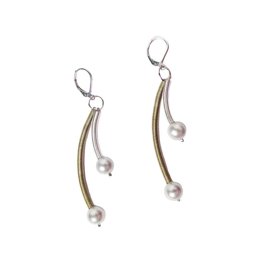 Artistic Handcrafted Silver Bronzy Piano Wire Mother Of Pearl Dangle Earrings