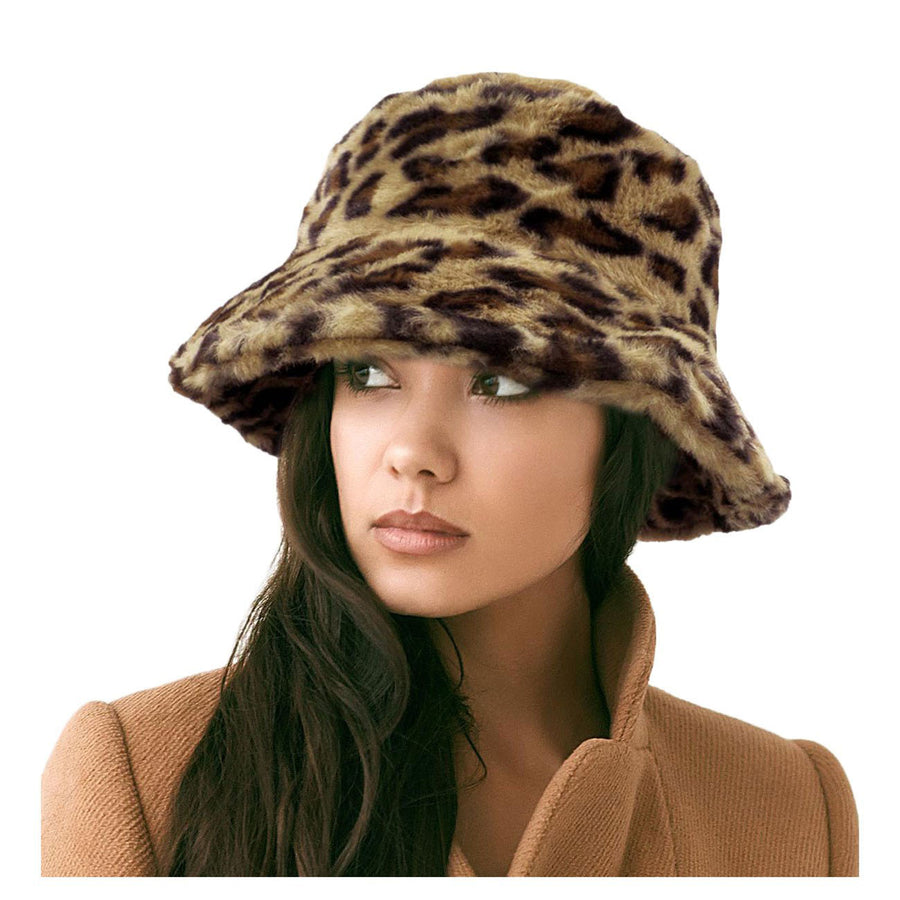 Super Stylish Dark Brown Leopard Fluffy Faux Fur Bucket Hat