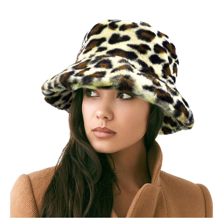 Super Stylish Light Brown Leopard Fluffy Faux Fur Bucket Hat