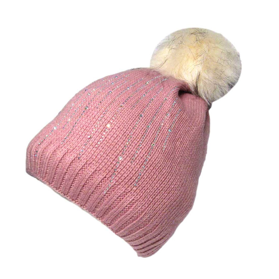 Pink Cable Knit Faux Fur Pom Pom Beanie Hat