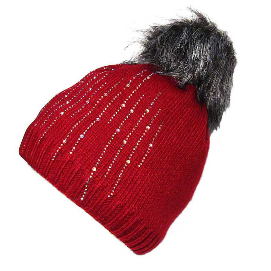 Red Cable Knit Faux Fur Pom Pom Beanie Hat