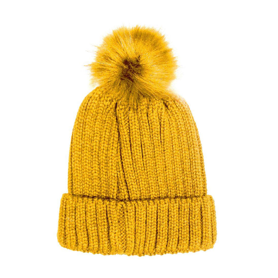 Mustard Yellow Cable Knit Pom Pom Beanie Hat