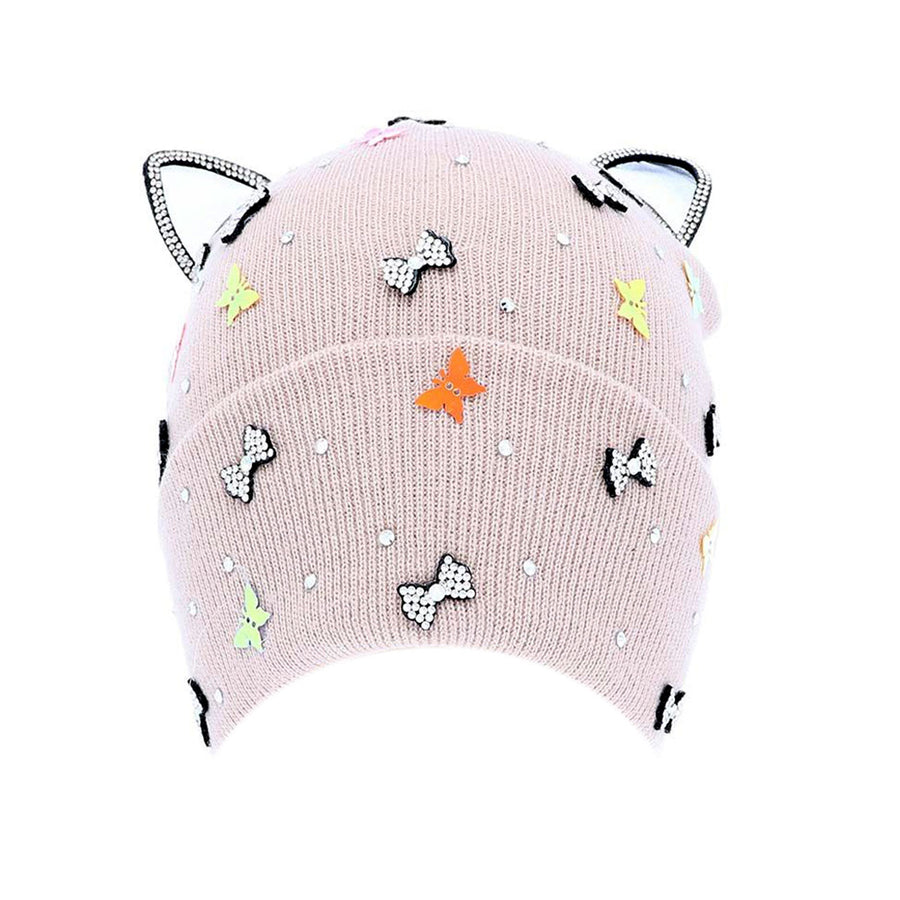 Lovely Pink Rhinestone Ears Kitty Cat Ribbon Knit Beanie Hat