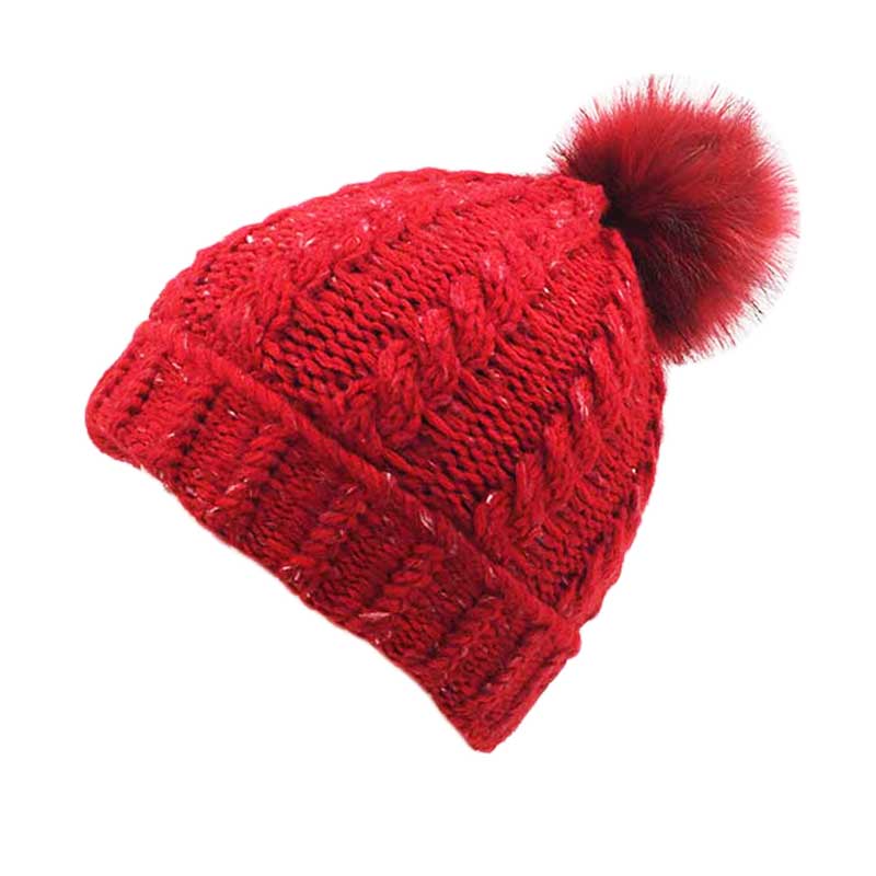 Red Cuffed Twist Cable Knit Fur Pom Pom Beanie Hat