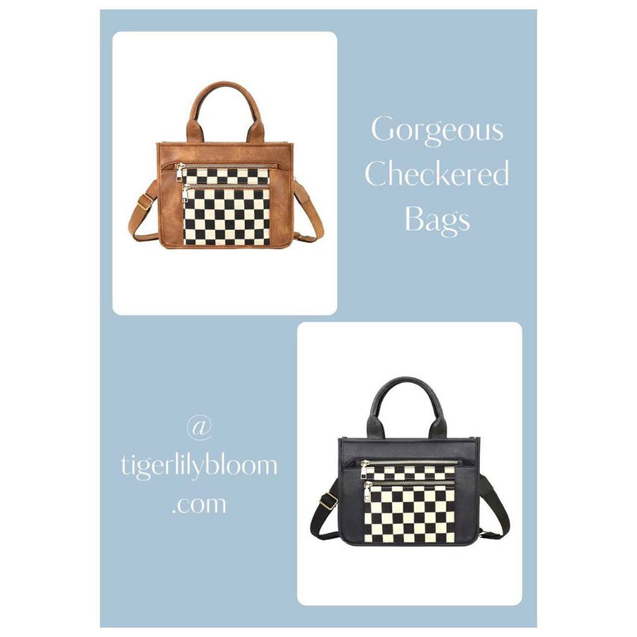 Brown Checkered Front Pocket Top Handle Crossbody Bag