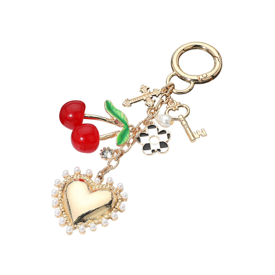 Cherry Pearl Heart Flower Keychain Bag Charm