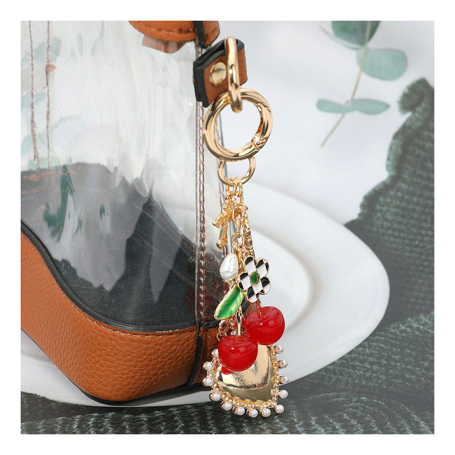 Cherry Pearl Heart Flower Keychain Bag Charm