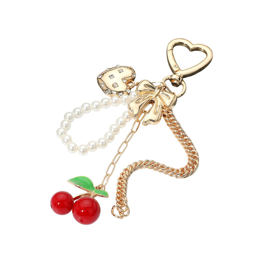 Cherry Heart Bow Pearl Beaded Keychain Bag Charm