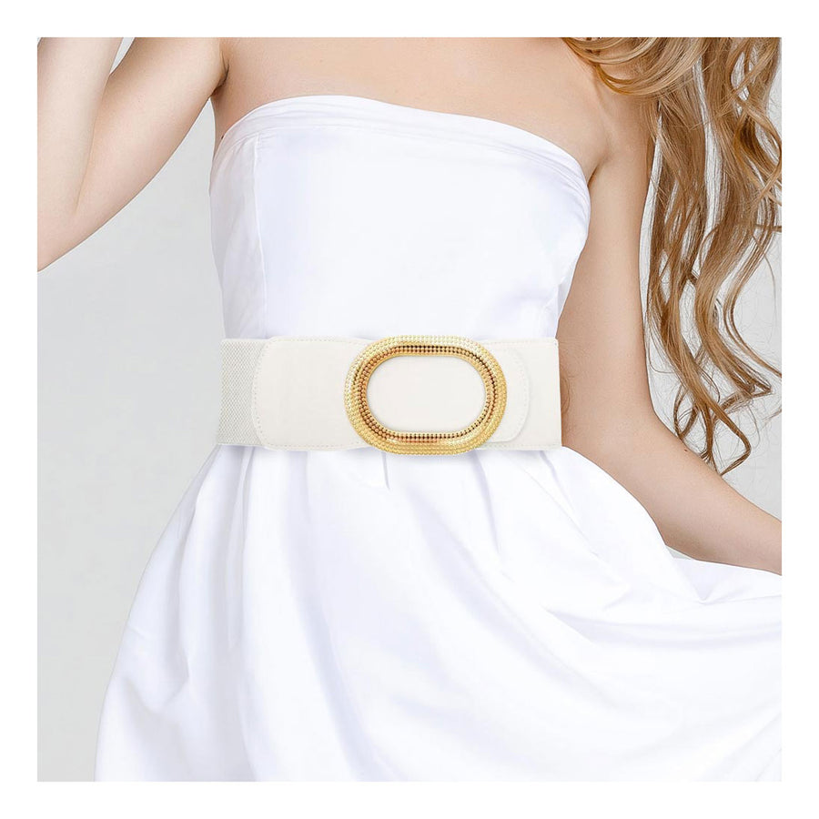 Fashionable Camel Textured Metal Oval Buckle Wide Elastic Waist Belt