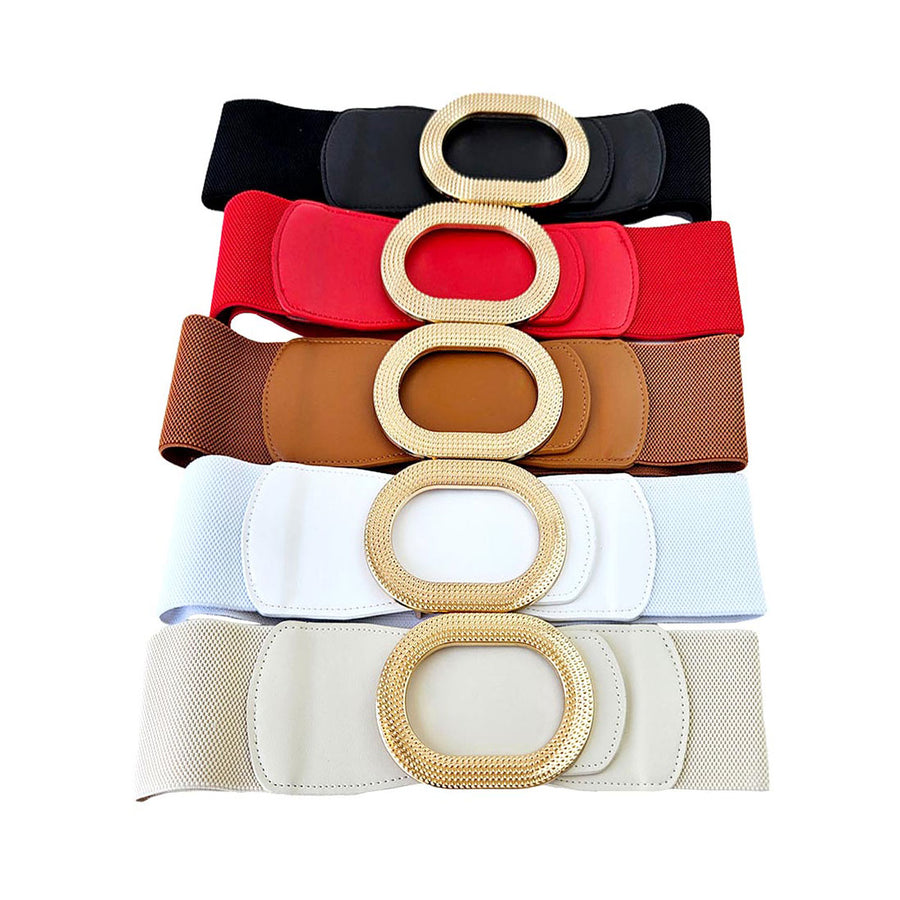 Fashionable Camel Textured Metal Oval Buckle Wide Elastic Waist Belt