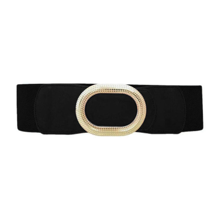 Fashionable Camel Textured Metal Oval Buckle Wide Elastic Waist Belt