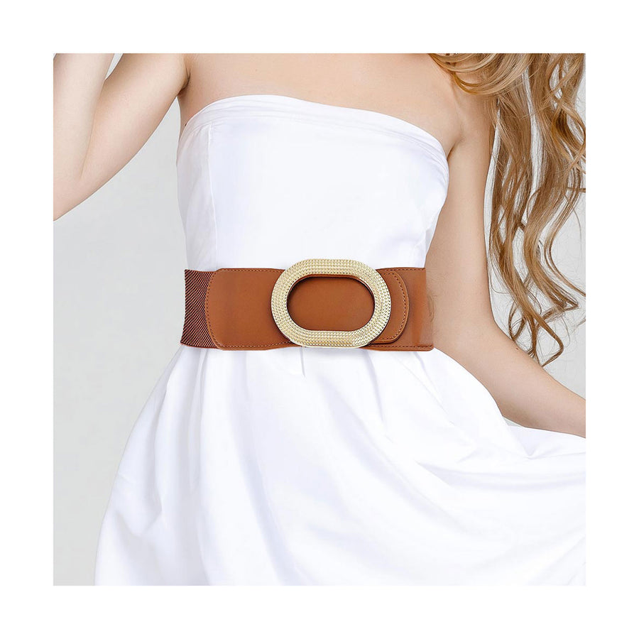 Fashionable Camel Textured Metal Oval Buckle Wide Elastic Waist Belt