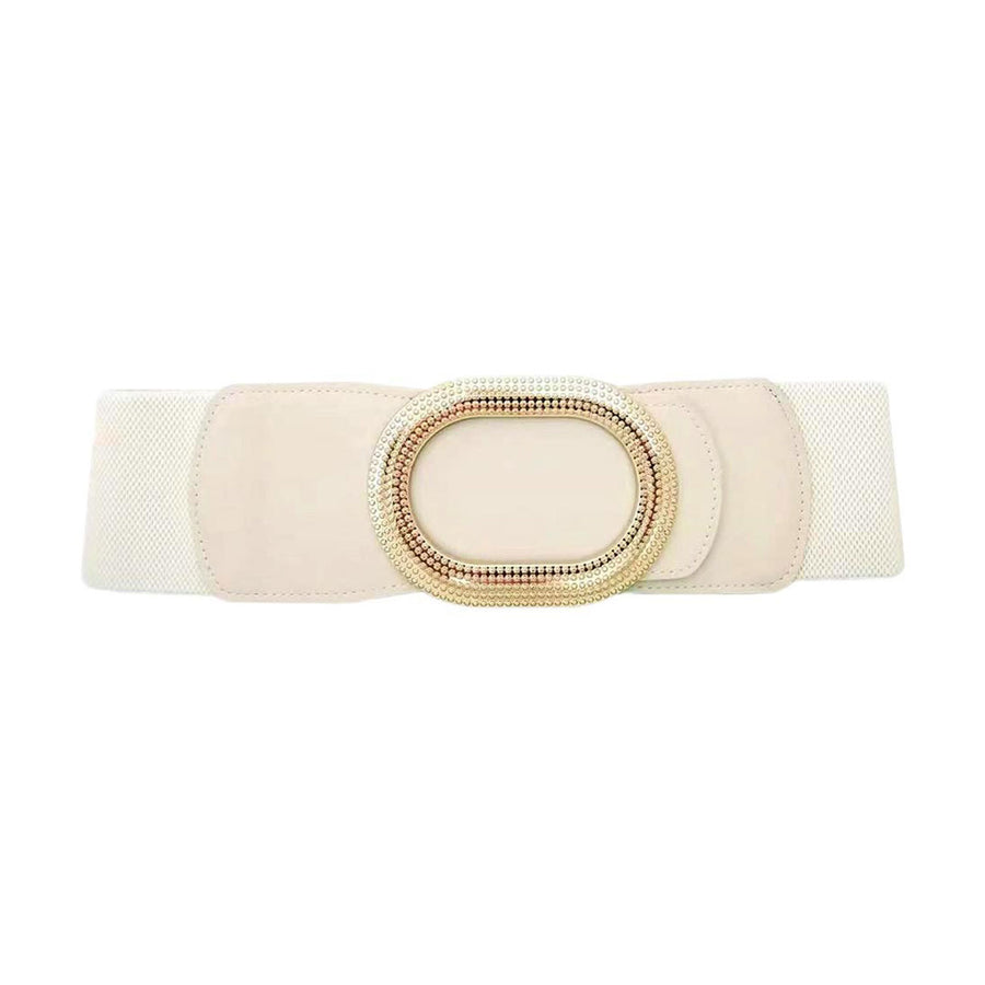 Fashionable Camel Textured Metal Oval Buckle Wide Elastic Waist Belt
