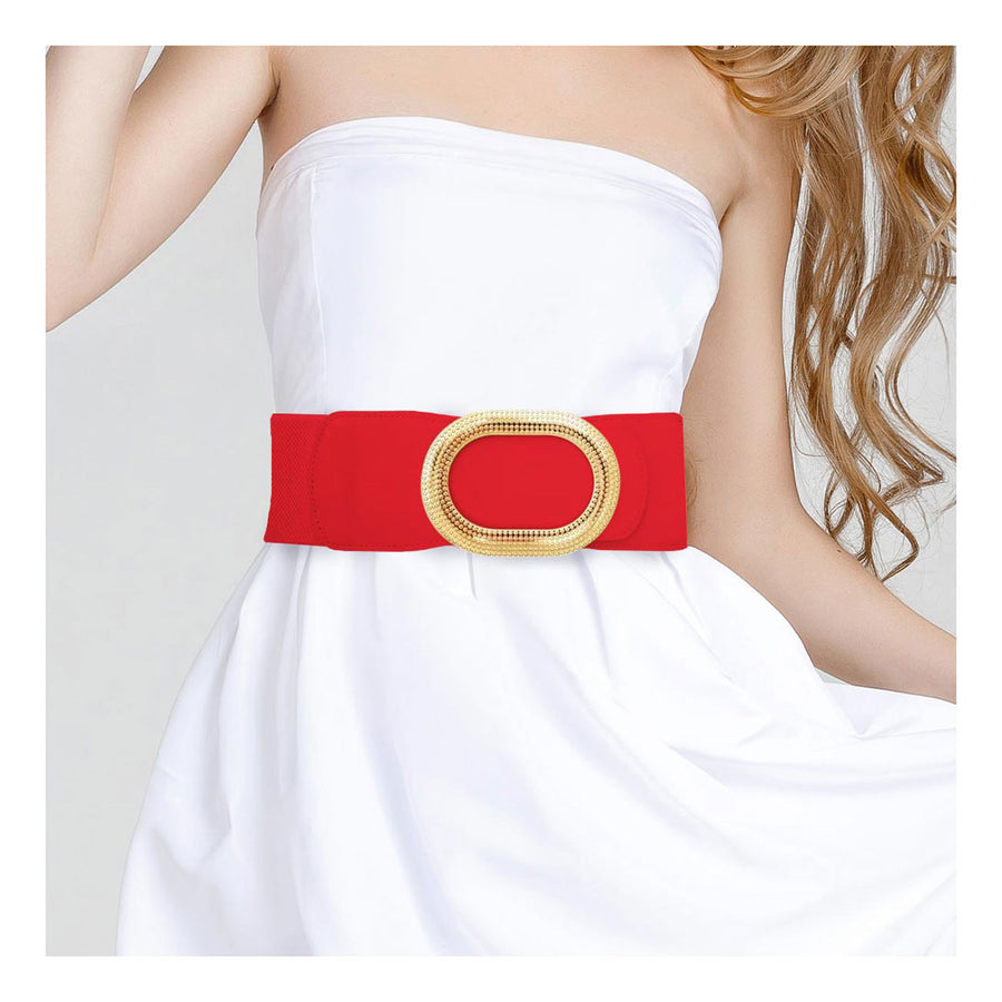 Fashionable Camel Textured Metal Oval Buckle Wide Elastic Waist Belt