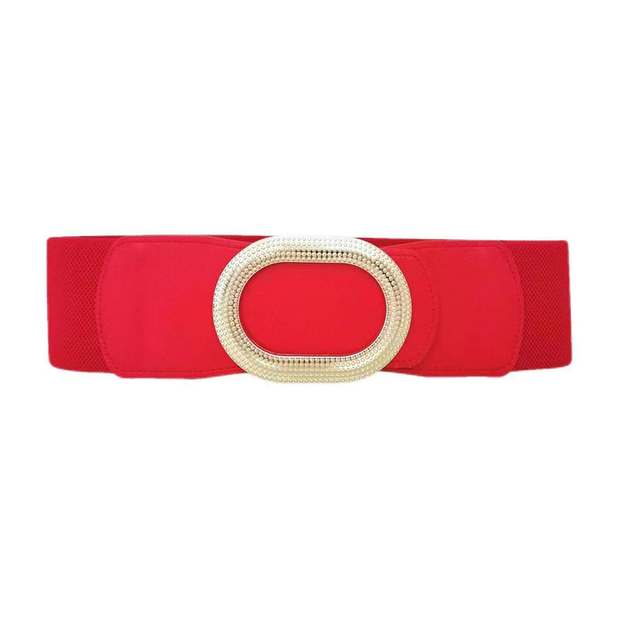 Fashionable Camel Textured Metal Oval Buckle Wide Elastic Waist Belt