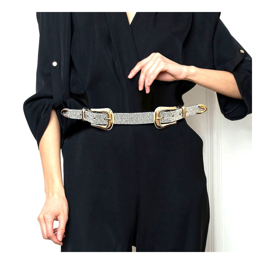 Gold Clear Stone Pave Double Buckle Belt