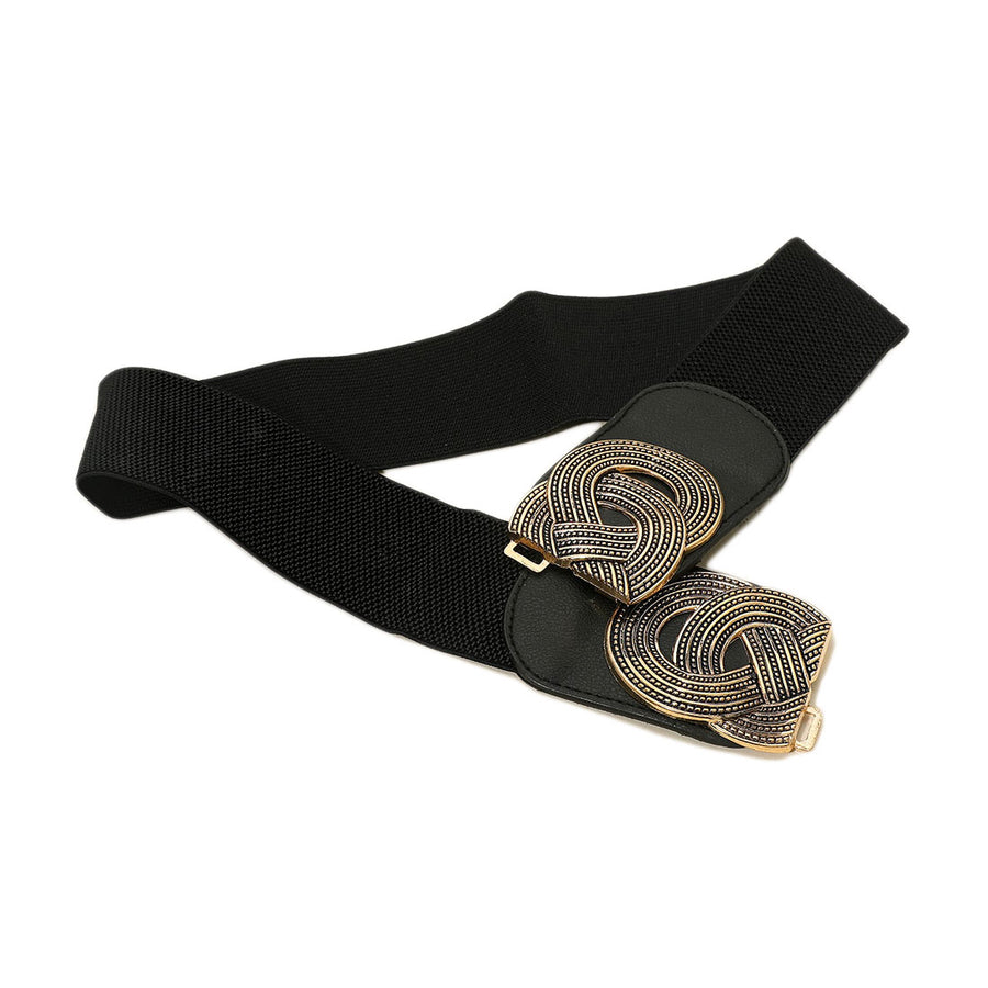 Black Gold Interlocking Circle Buckle Wide Elastic Belt