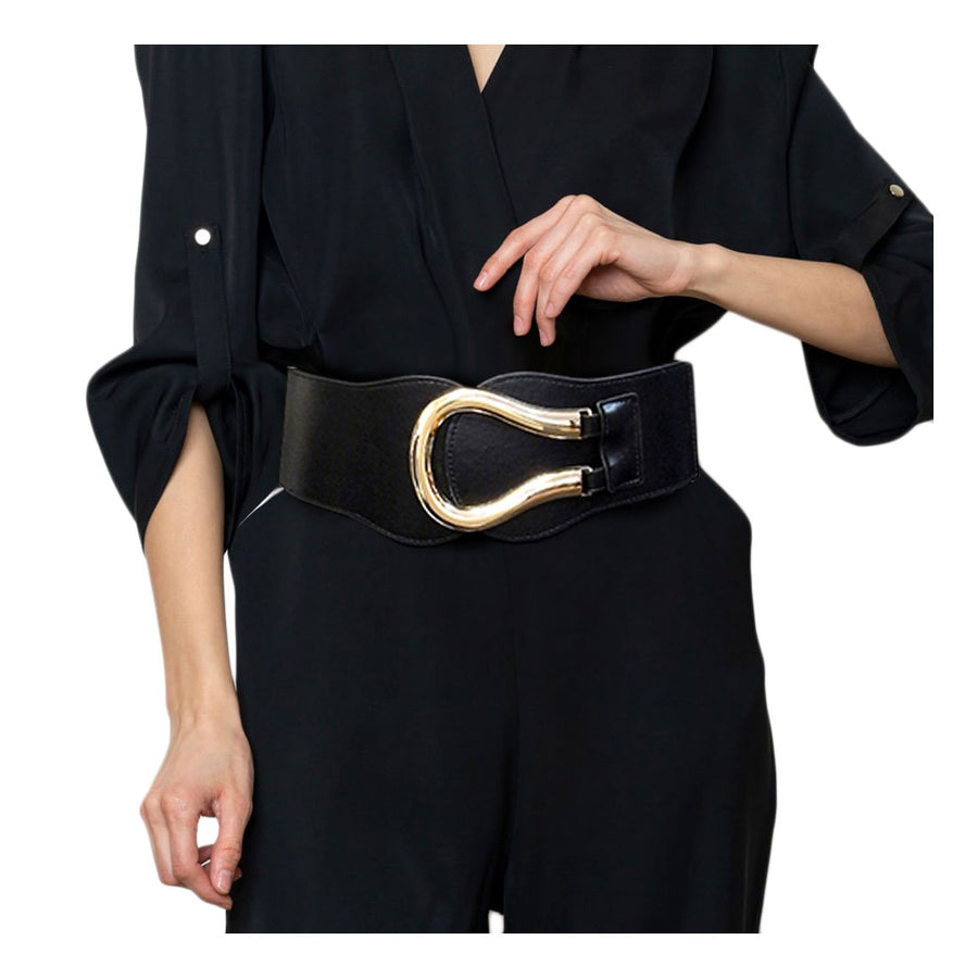 Bold Brown Metal Horseshoe Buckle Wide Elastic Belt