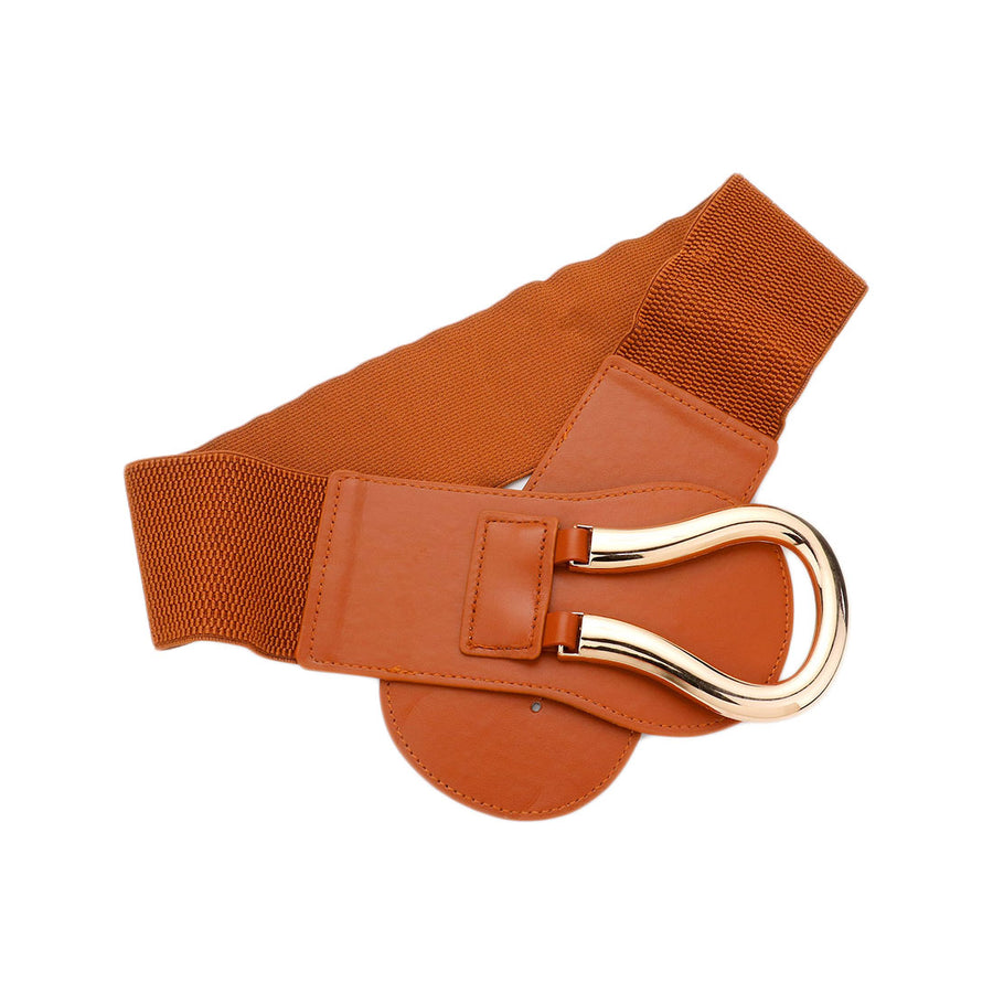 Bold Brown Metal Horseshoe Buckle Wide Elastic Belt