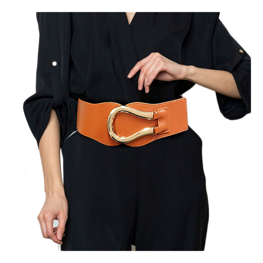Bold Brown Metal Horseshoe Buckle Wide Elastic Belt