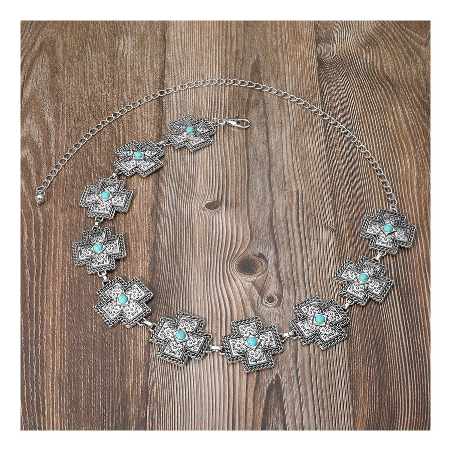 Vintage Boho Western Turquoise Stone Cross Concho Chain Belt