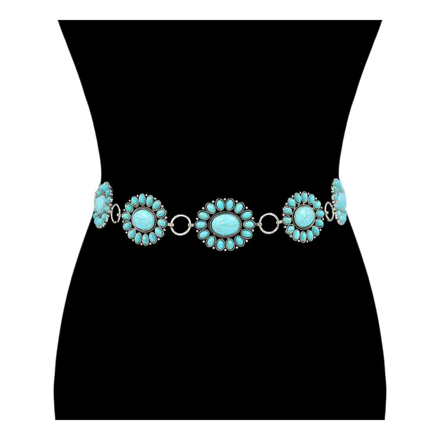 Vintage Boho Western Turquoise Stone Concho Chain Link Belt