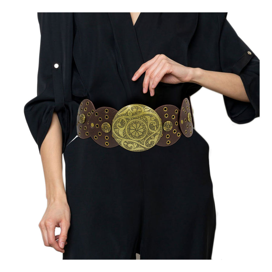 Brown Western Vintage Concho Leather Circle Link Belt